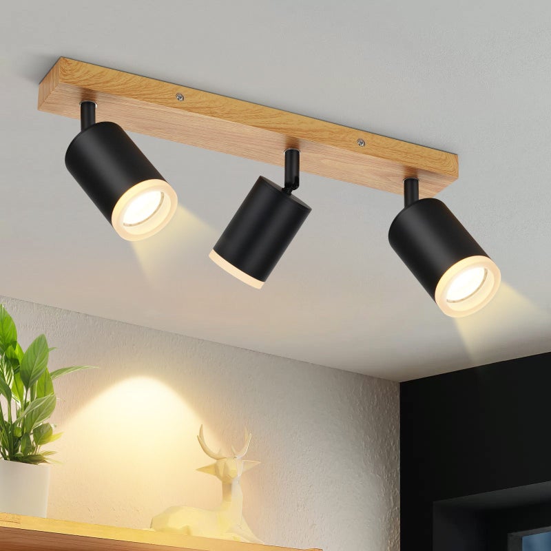 NETTLIFE Reflektor sufitowy czarny reflektory sufitowe GU10 lampa kuchenna vintage drewniany reflektor ścienny obrotowy bez żarówki obrotowy 350°