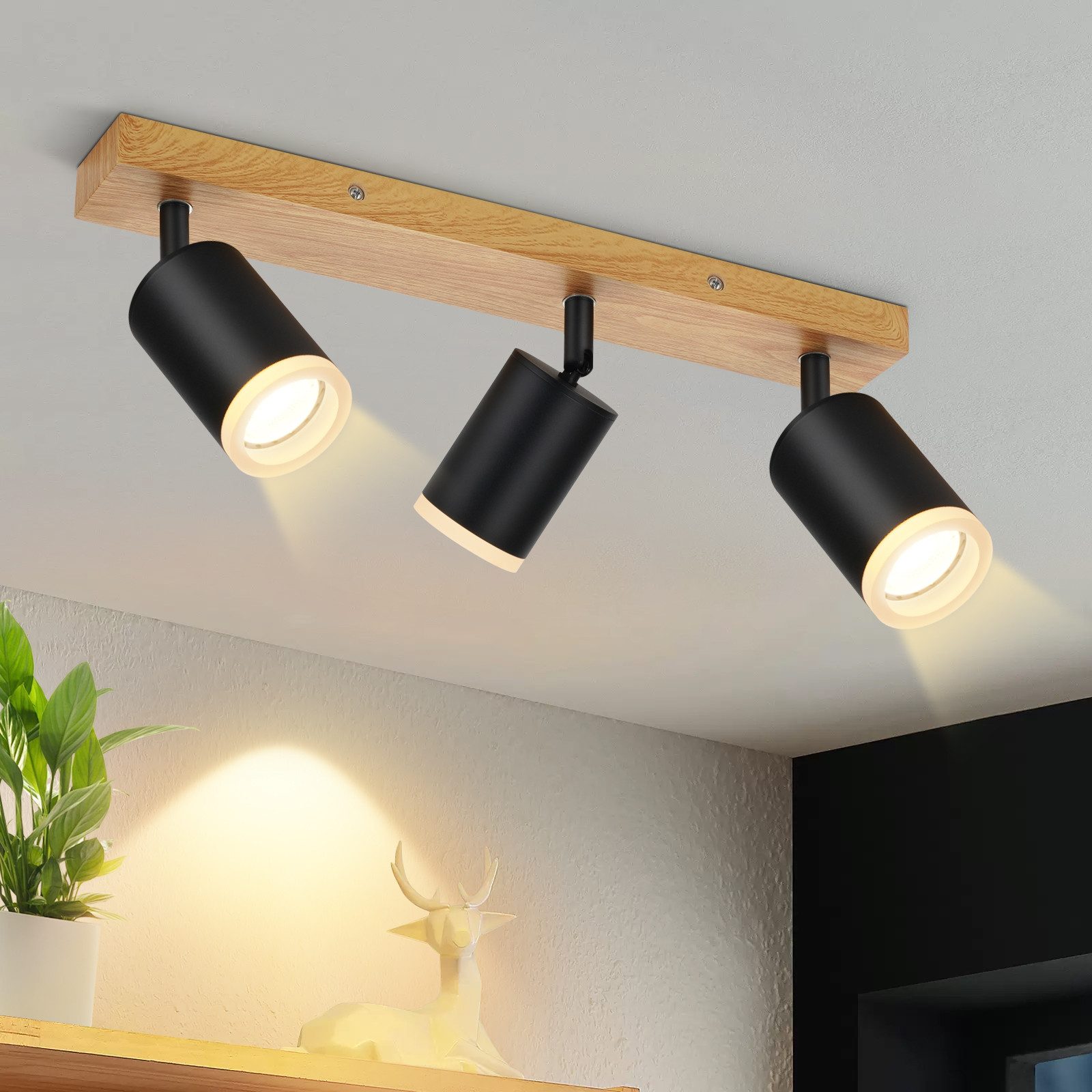 NETTLIFE Reflektor sufitowy czarny reflektory sufitowe GU10 lampa kuchenna vintage drewniany reflektor ścienny obrotowy bez żarówki obrotowy 350°