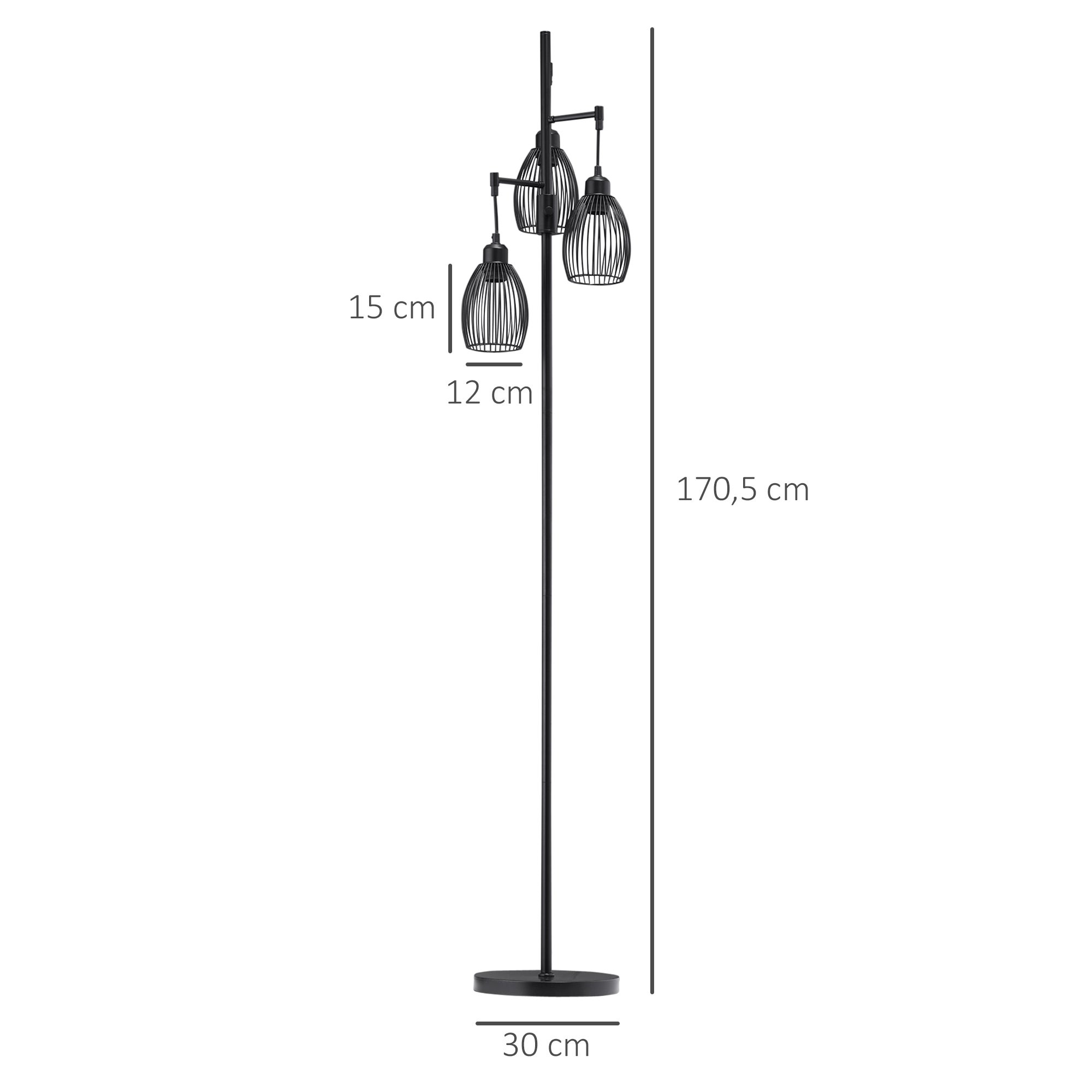 Lampadaire - HOMCOM - style industriel 40 W max 3 abat-jours métal filaire E27 - métal - noir - 3