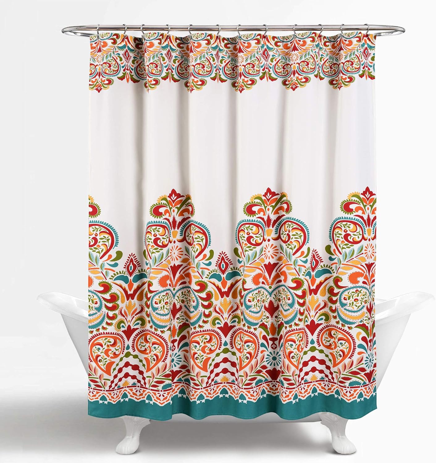 Lush Decor Clara kolorowa materiałowa zasłona prysznicowa z nadrukiem w stylu bohemy wzór kaszmirowy motyw damaszkowy turkusowy mandarynkowy x cm