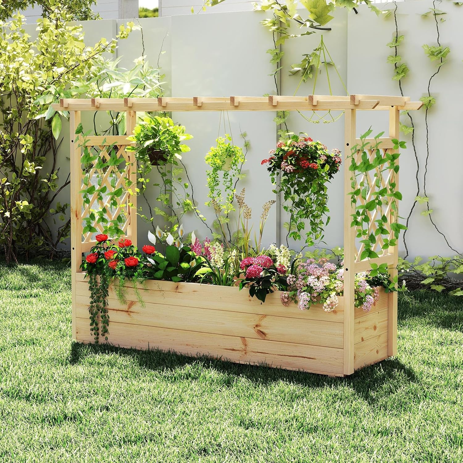 Jardinière avec 2 Treillis Latéraux Toit Suspendu en Bois Massif avec Trou de Drainage, Lit de Jardin Surélevé, 148,5 x 50 x 103,5 cm, Naturel - 2