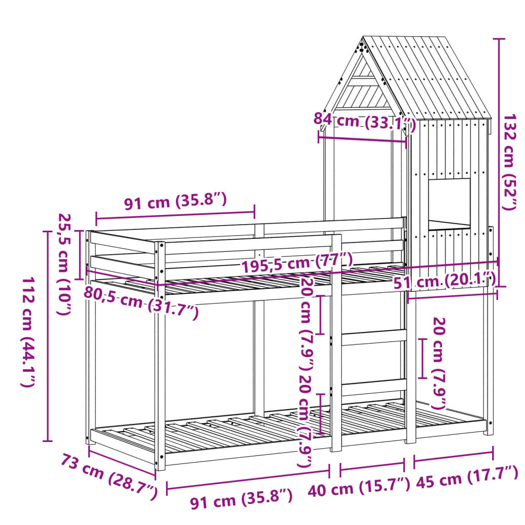 Lit superposé avec toit en pin massif 75x190 cm — COMFORTXL - 9