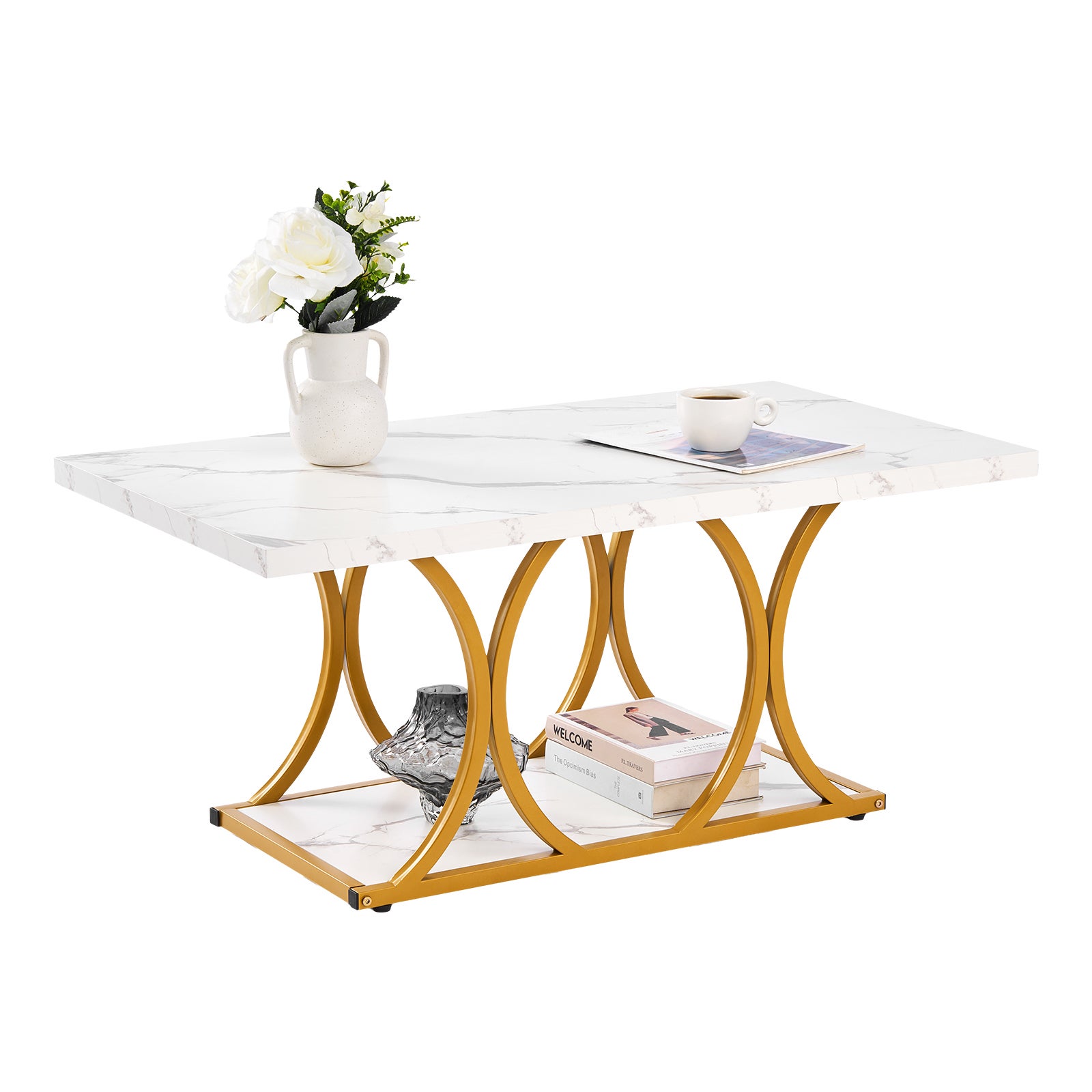 Stolik kawowy VEVOR prostokatny 100 cm marmurowy blat zlota rama 2 poziomy nowoczesny salon