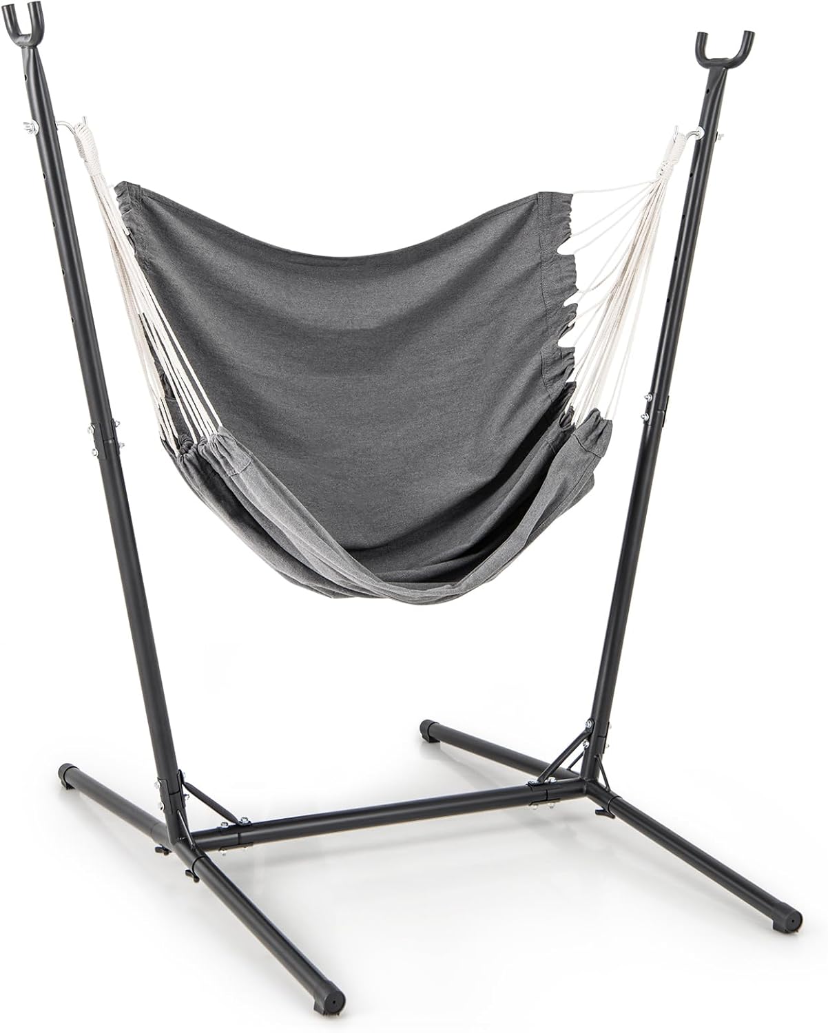 Krzesło Hamakowe z Podstawą, Hamak Bujany do Użytku we Wnętrz i na Zewnątrz, z 6-stopniową Regulacją Wysokości i Boczną Kieszenią, Nośność 120 kg