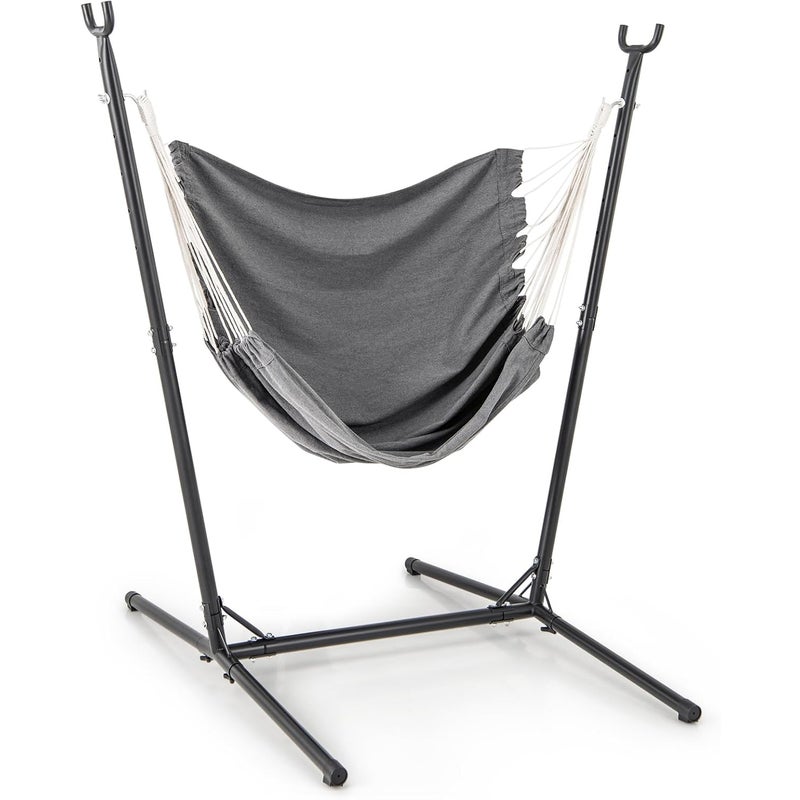 Krzesło Hamakowe z Podstawą, Hamak Bujany do Użytku we Wnętrz i na Zewnątrz, z 6-stopniową Regulacją Wysokości i Boczną Kieszenią, Nośność 120 kg
