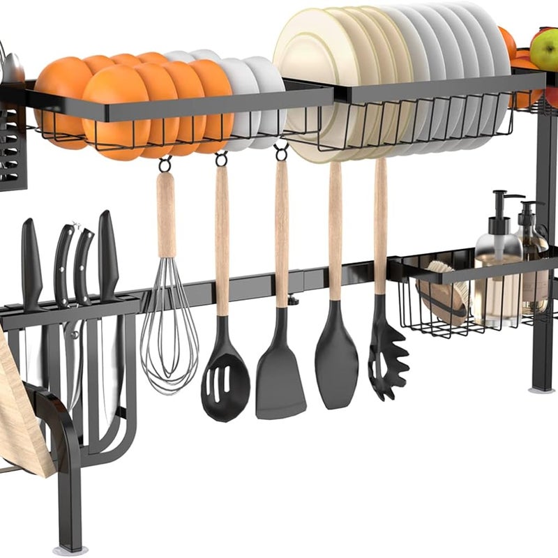 Dwupoziomowy Ociekacz do Naczyń ze Stali Nierdzewnej z Przyssawką Antypoślizgową, Uchwytem na Przybory Kuchenne, Czarny