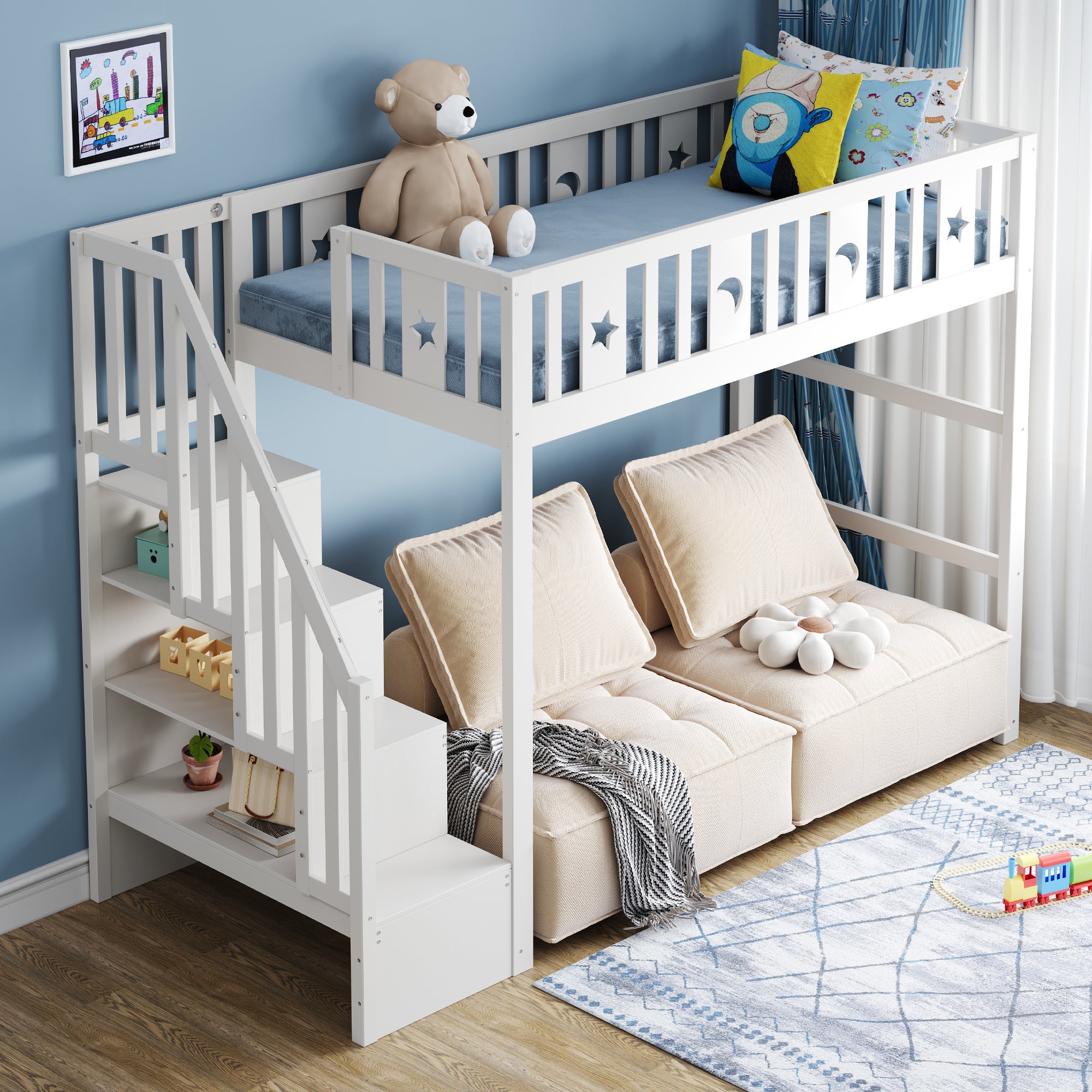 Łóżko Piętrowe dla Dzieci 90x200 ze Schodami, Łóżko Wysokie z Litego Drewna z Barierką Bezpieczeństwa, Dekoracja Gwiazd i Księżyca, Białe