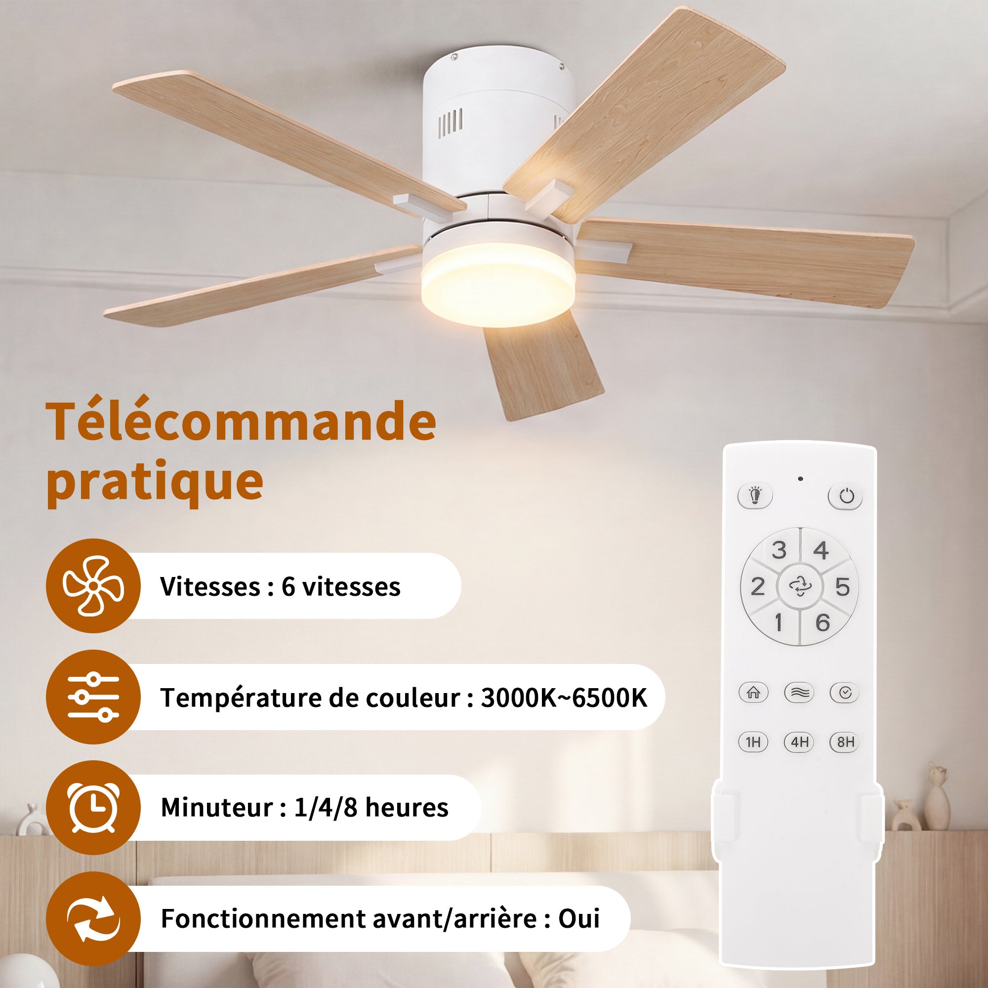 Ventilateur de Plafond, LED avec Lumière et Telecommande, Ventilateur Dimmable Plafonnier, 5 Pales, 6 Vitesses, Silencieux, Diamètre 106cm - 7
