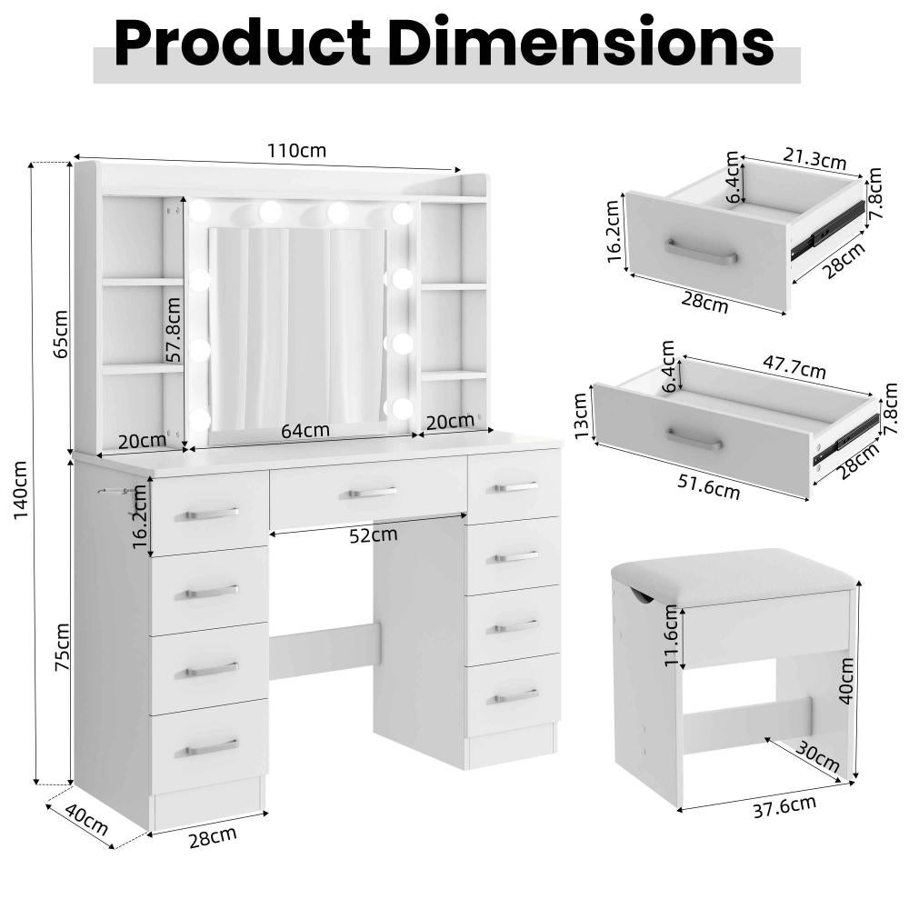 Coiffeuse Blanche 110×40×145 cm avec Miroir LED 10 Lumières, USB, Sgabello et Support Sèche-Cheveux - 2