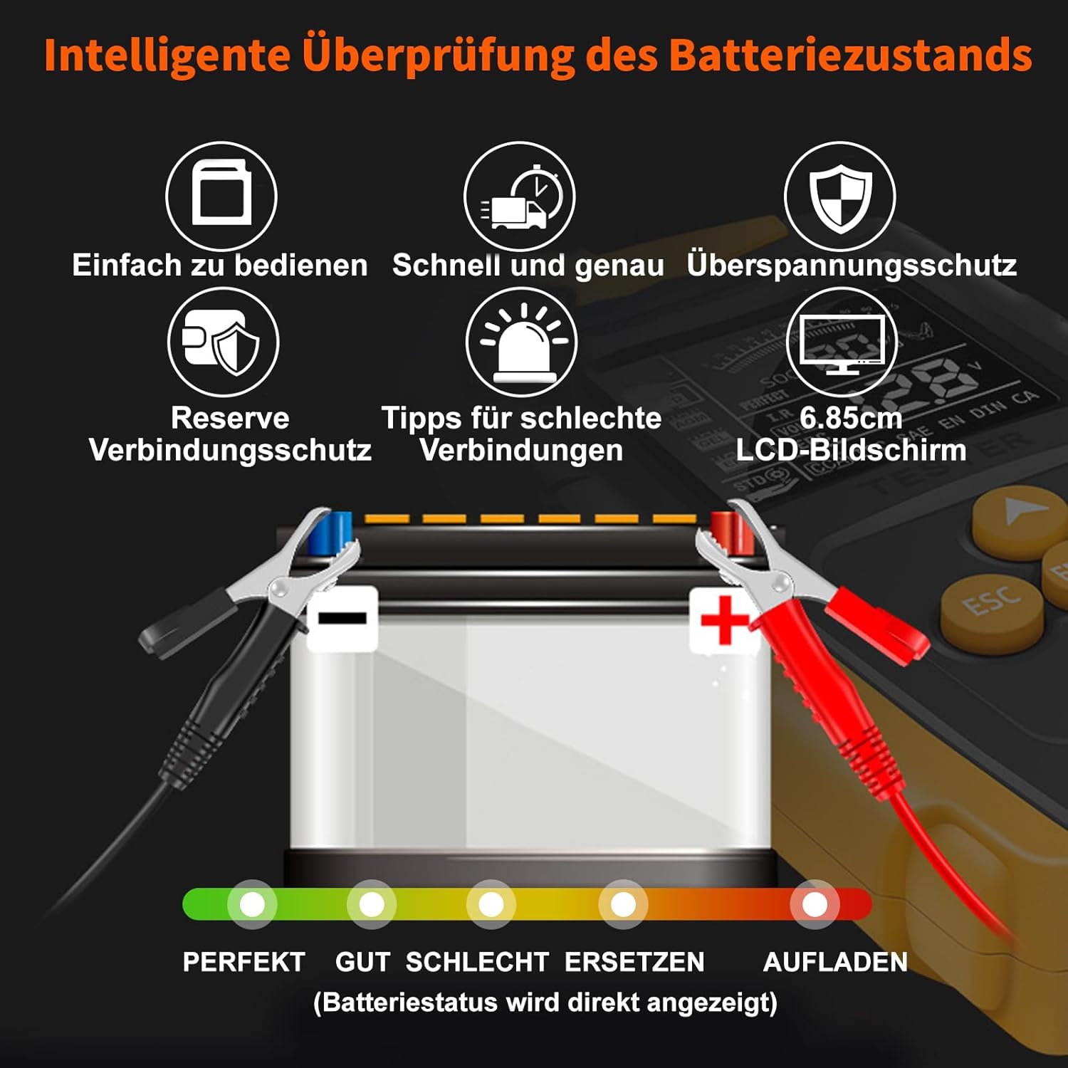 Scanner et testeur de batterie - Testeur de batterie 12 V/24 V - Dépannage - Équipement de diagnostic pour voitures - pour voiture, moto - 5