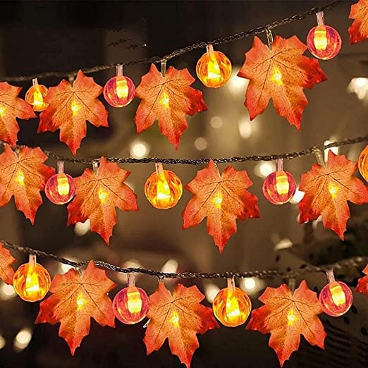 Girlanda świetlna w kształcie liścia klonu i dyni - 3 m - 20 LED - Dekoracja jesienna - Na Święto Dziękczynienia, Halloween, Boże Narodzenie