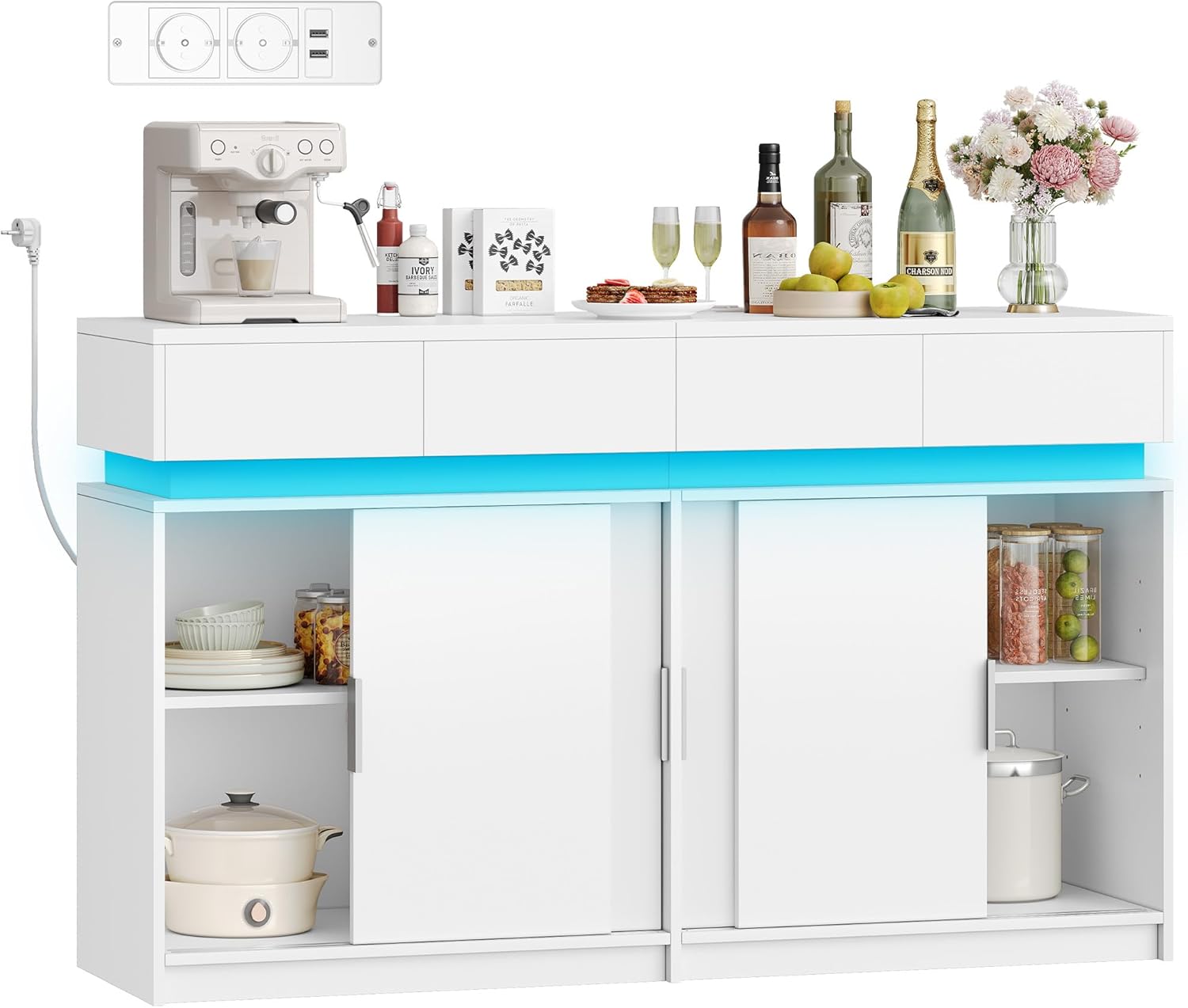 Aparador, armario de cocina con 4 puertas corredizas, regleta y tira de luces led,40 x 150 x 85 cm