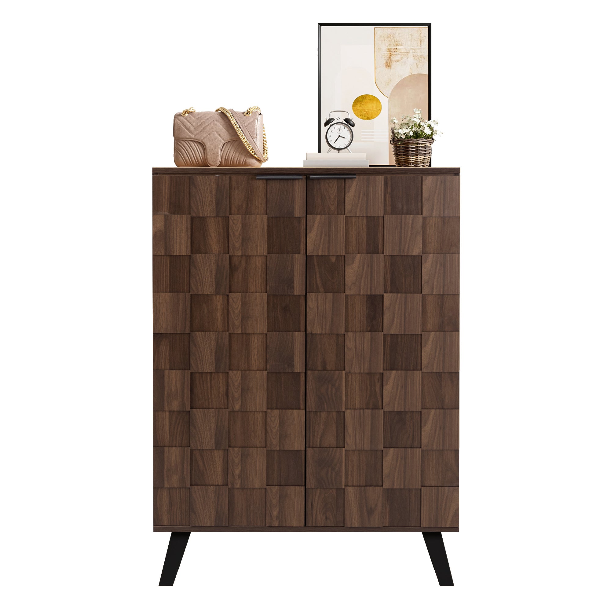 Nowoczesna szafa na buty 80x35x110cm - 2 fronty - 5 przegródek - Regulowane półki - Wykończenie imitujące drewno - Brązowy - 6