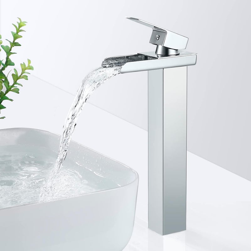 Chromowana bateria łazienkowa Cascade, bateria umywalkowa z wysoką wylewką, dostępna zimna i ciepła woda