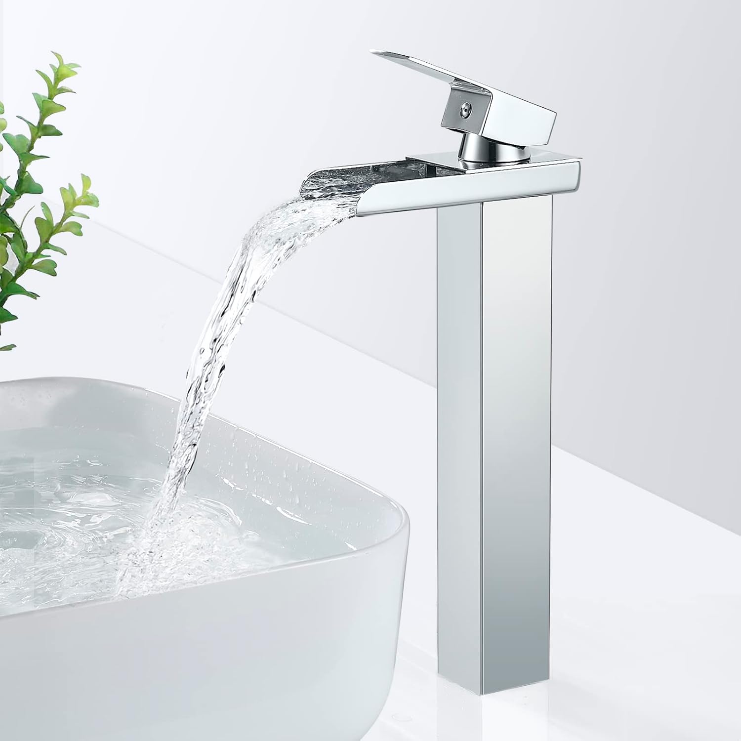 Chromowana bateria łazienkowa typu wodospad, bateria umywalkowa z wysoką wylewką, dostępna ciepła i zimna woda