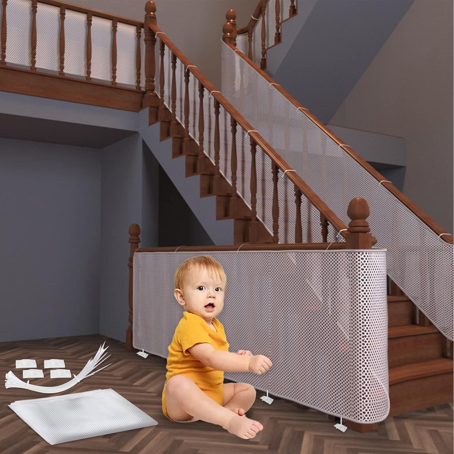 Filet de sécurité pour enfants solide et réglable pour balcons et escaliers, sûr et robuste, facile à installer et à retirer, 300x90cm, blanc - 7