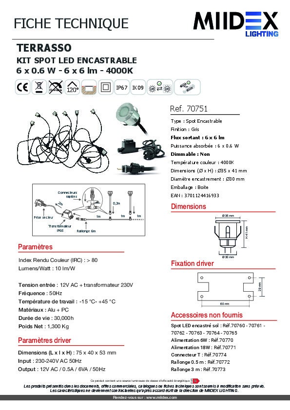 Kit Spot LED Terrasse - 6x0,6W - 12V - 4000K - Rond - IP67 - Aluminium - 8