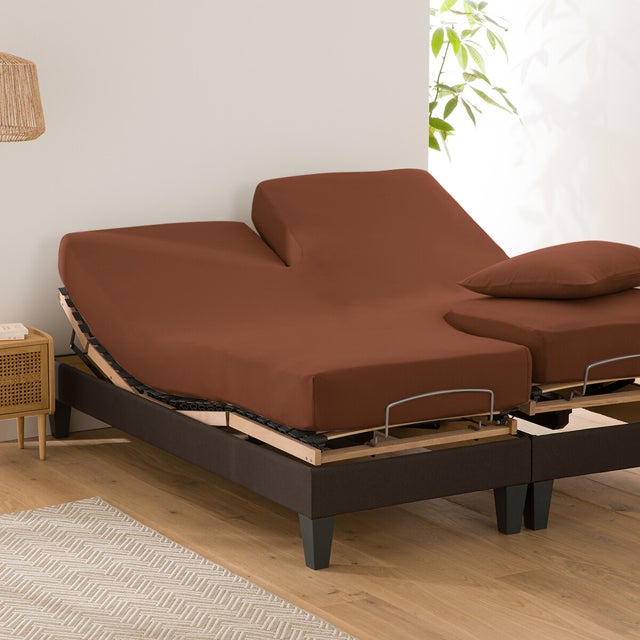 Drap housse uni coton bio, lit articulé, Scenario - Acajou - 140 x 190 cm