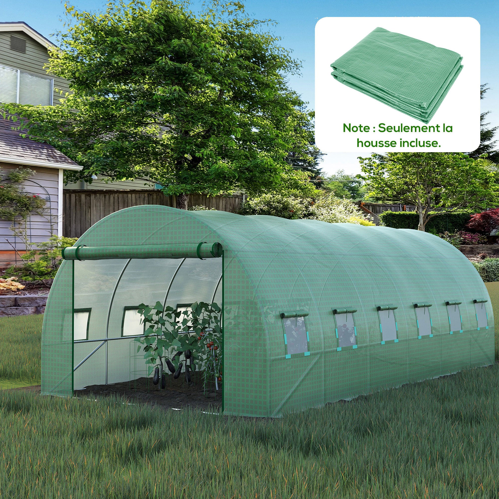 Bâche de Rechange Serre Tunnel 18 m², bâche 6 x 3 x 2 m PE Anti-UV imperméable 12 fenêtres + Porte Enroulable zippée vert - 4