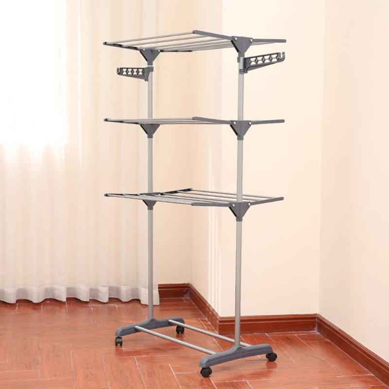 Étendoir à Linge,Séchoir Mobile à 4 Niveaux,avec Roulettes,Pliable,63,5 x 128 x 173 cm,Montage Facile, Utilisation Intérieure et Extérieure,Gris - 10