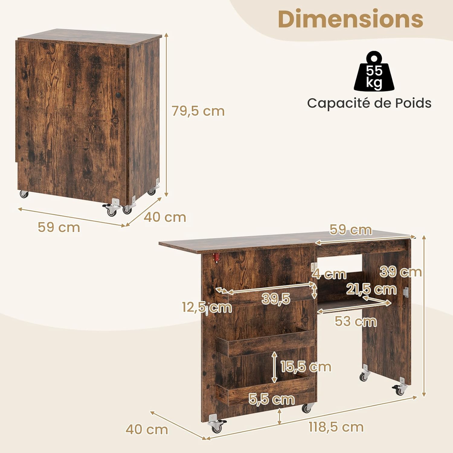 Table de Couture Pliante -3 Bacs et 1 Etagère de Rangement - Roulettes Verrouillables pour Salon, Bureau, Studio Marron Rustique - 2