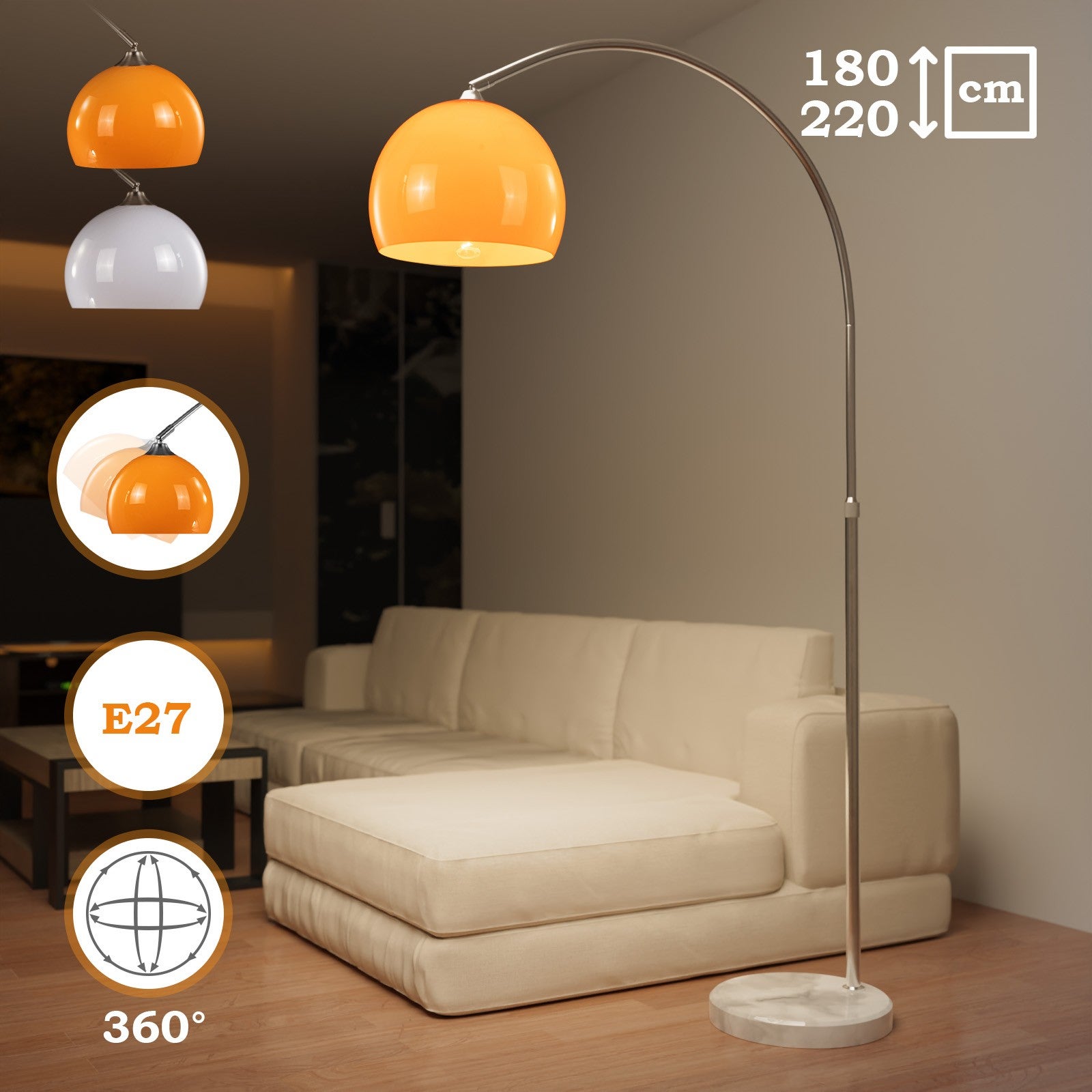Lampe sur Pied - à Archet, max. 8/60W avec Ampoules Régulières/LED E27, Hauteur Réglable, Inox, Abat-jour Rotatif 360°, Orange - 8