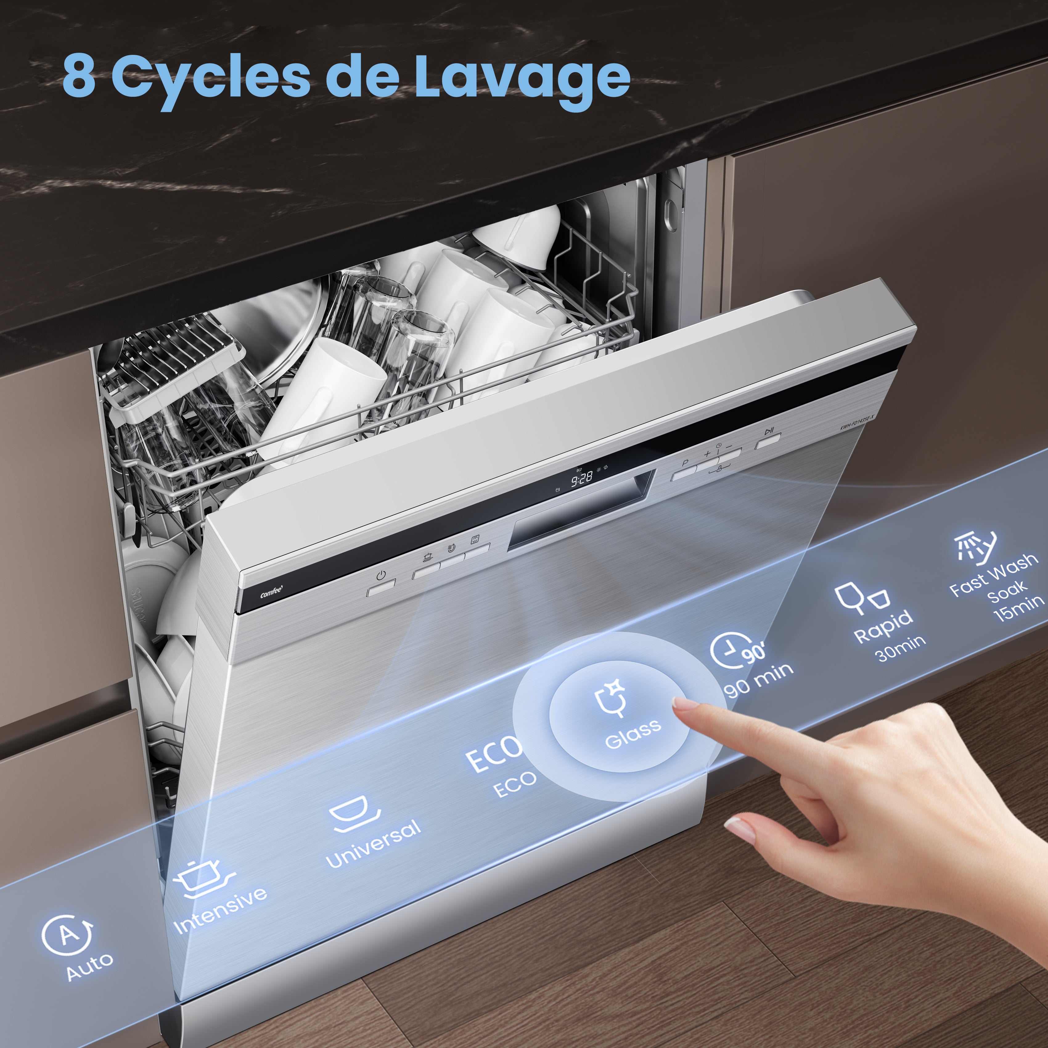 Comfee Lave-vaisselle pose libre CDWEF1435ESS L60cm 44db avec 14 couverts, 8 programmes, Affichage LED Acier Inox-Énergétique C - 3