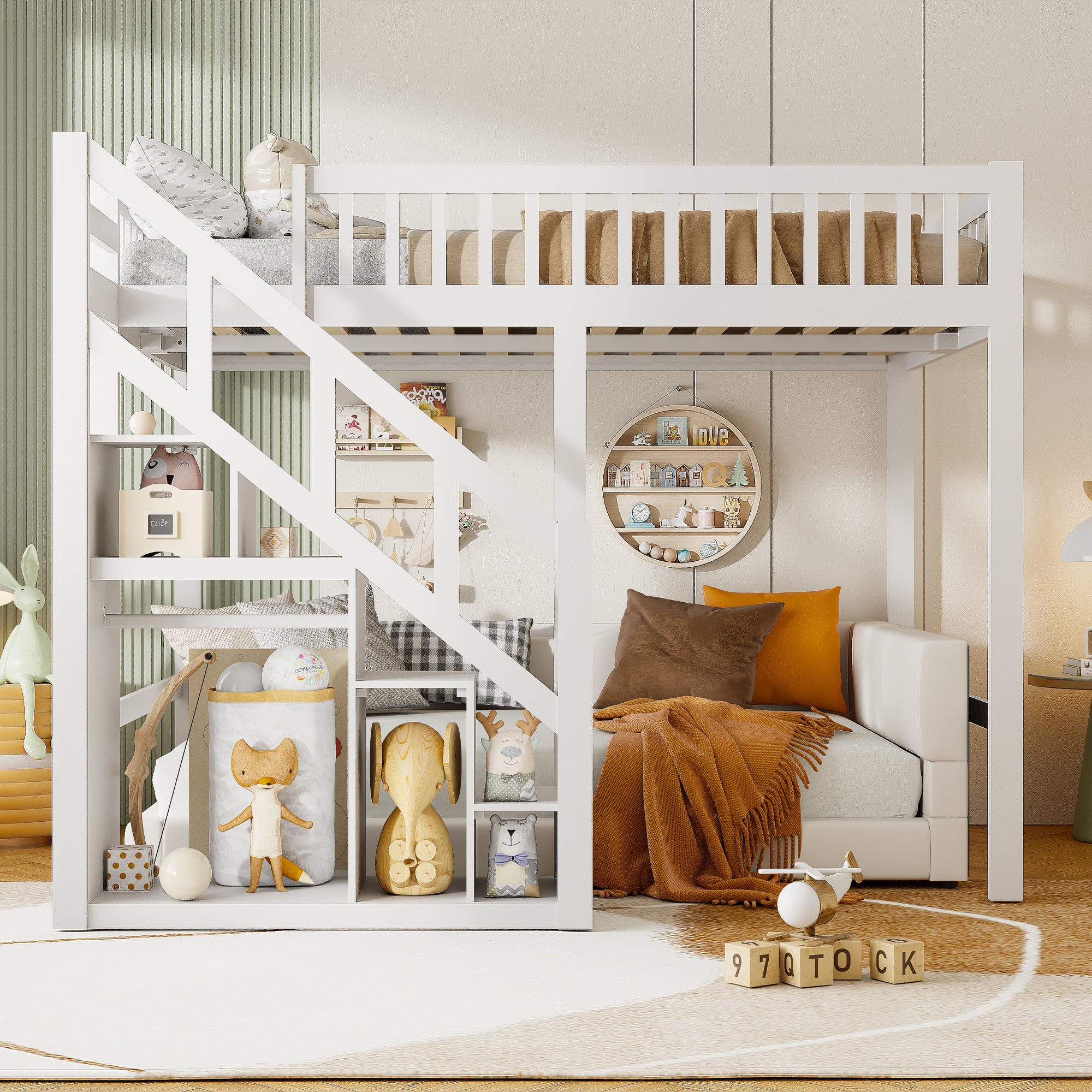 Lit mezzanine 90x200cm - lit enfant avec escalier avec meuble de rangement - en bois massif - clôture haut - blanc - 2