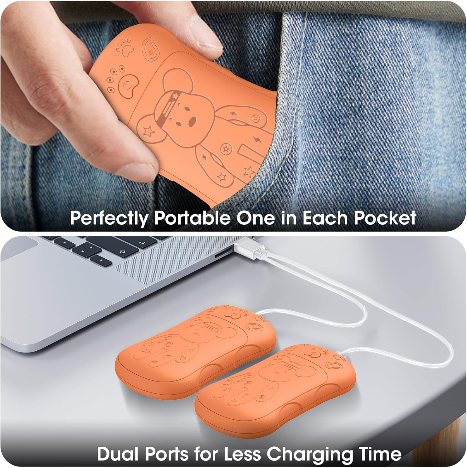 Scaldamani ricaricabili (confezione da 2), scaldamani elettrico 2 in 1, riscaldamento bifacciale, adatto per uomini e donne, arancione. - 6