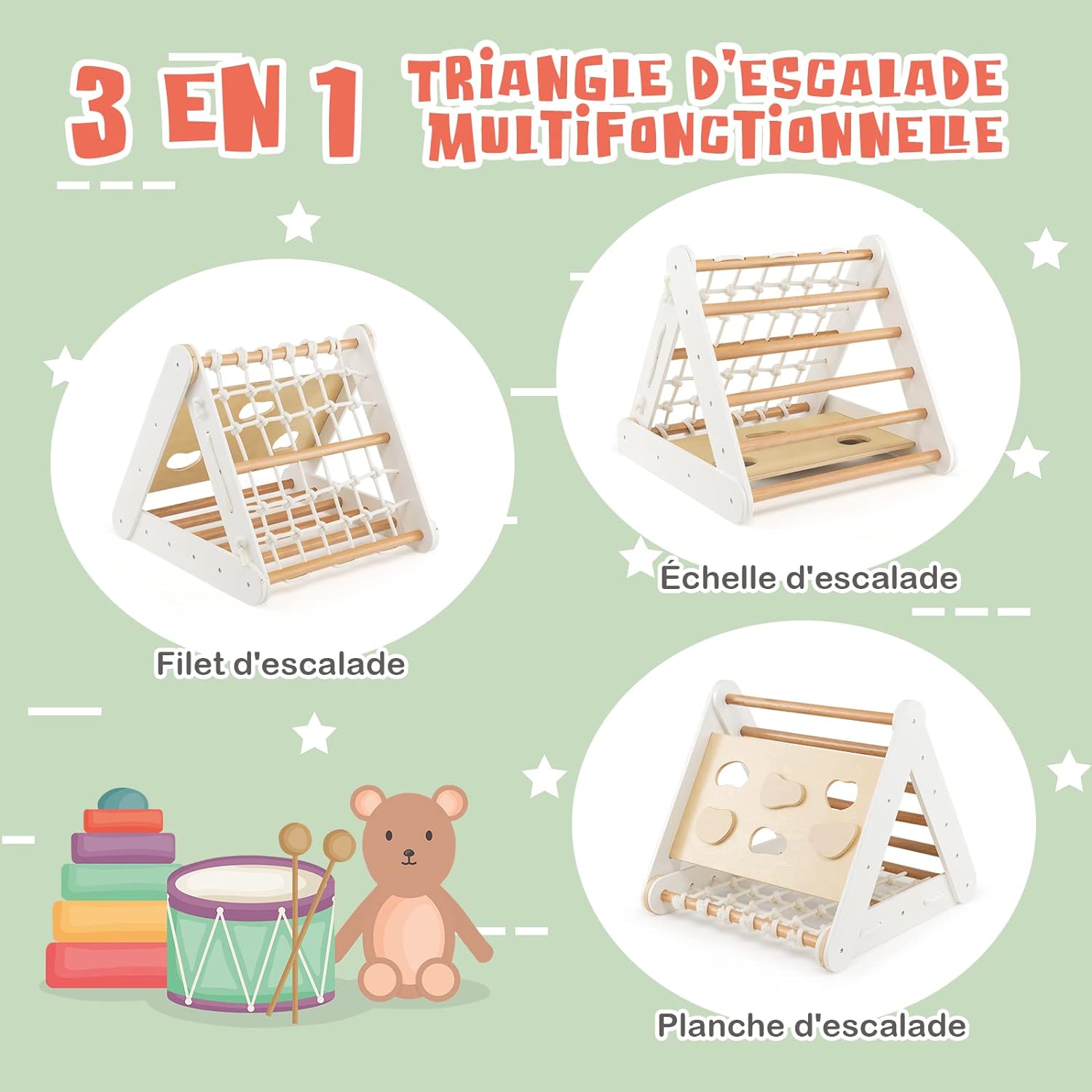 2 en 1 Triangle d'escalade Montessori Enfant avec Toboggan, Echelle d’Escalade en Bois Hauteur Réglable, Charge 50kg pour Enfants, Blanc - 3