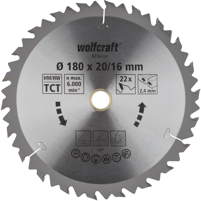 WOLFCRAFT 6734000 - Disco de sierra circular HM 22 dient. serie marron diam 180 x 20 x 24 mm