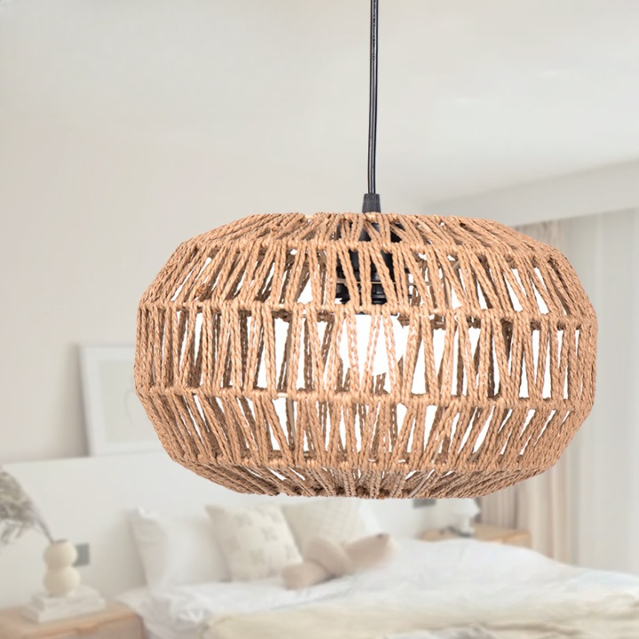 Ręcznie tkana papierowa lampa wisząca - Okrągły klosz Ø30 cm ciemnobrązowy naturalny styl Zen z kablem 4,5 m