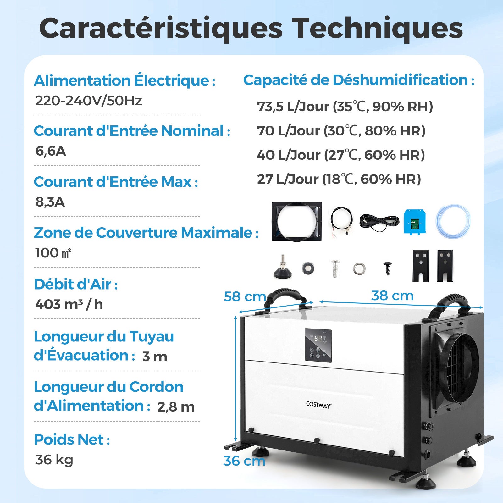 Déshumidificateur d'Air 73,5L/Jour Jusqu'à 100m² avec 3 Modes, Minuterie de 24&nbsp;H, Tuyau de Vidange, Dégivrage Automatique, pour Sous-Sol, Blanc - 3