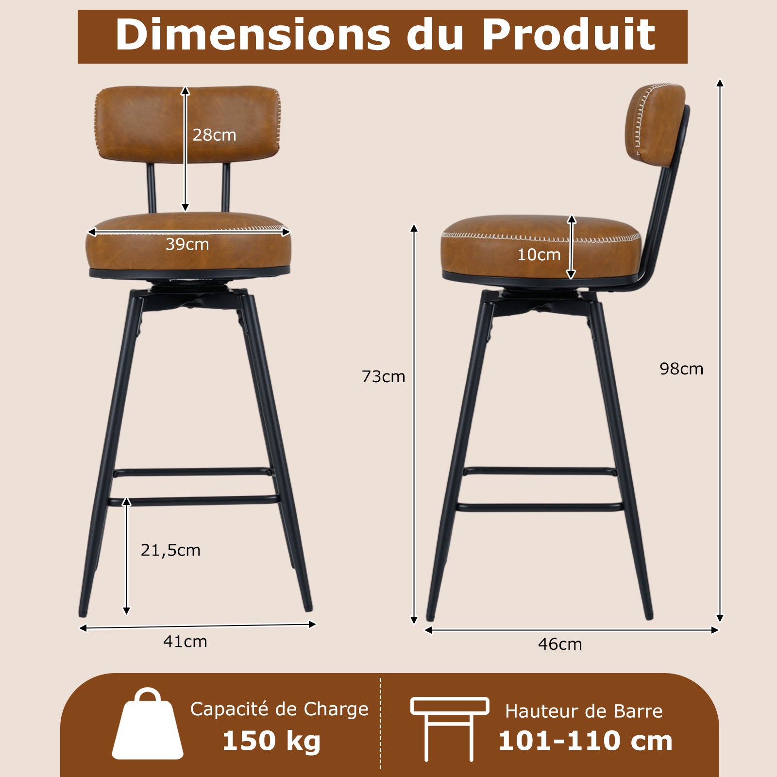 Lot de 2 Tabourets Bar Pivotants, Chaises de Bar avec Dossier Rembourré, Repose-Pieds, Pieds en Métal, Hauteur d'Assise 73 cm, Marron - 3