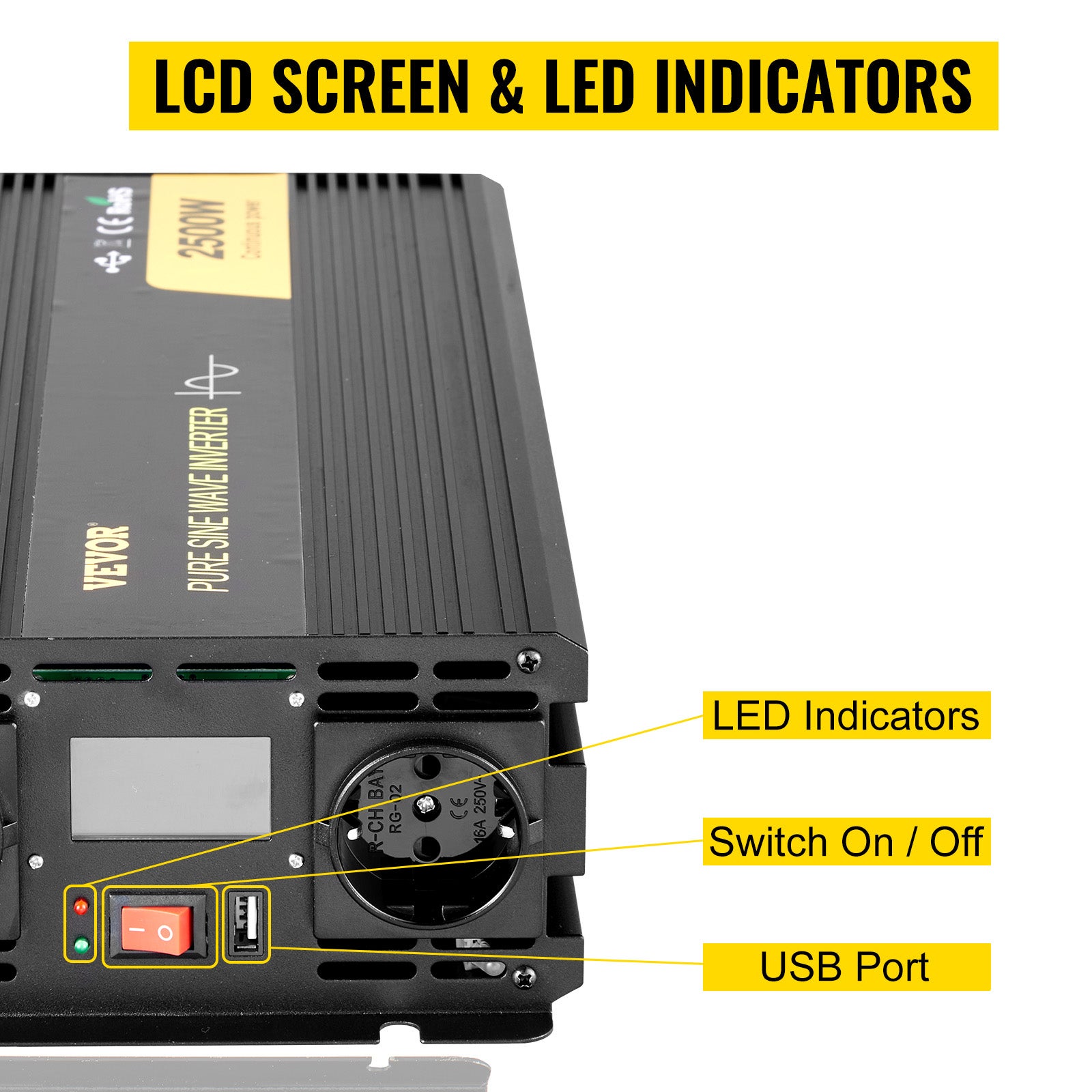 Onduleur à Onde Sinusoïdale VEVOR Pure DC 12V à AC 230V 2500W Convertisseur de Tension Pure Protections de Sécurité avec Télécommande Câble écran LCD - 3