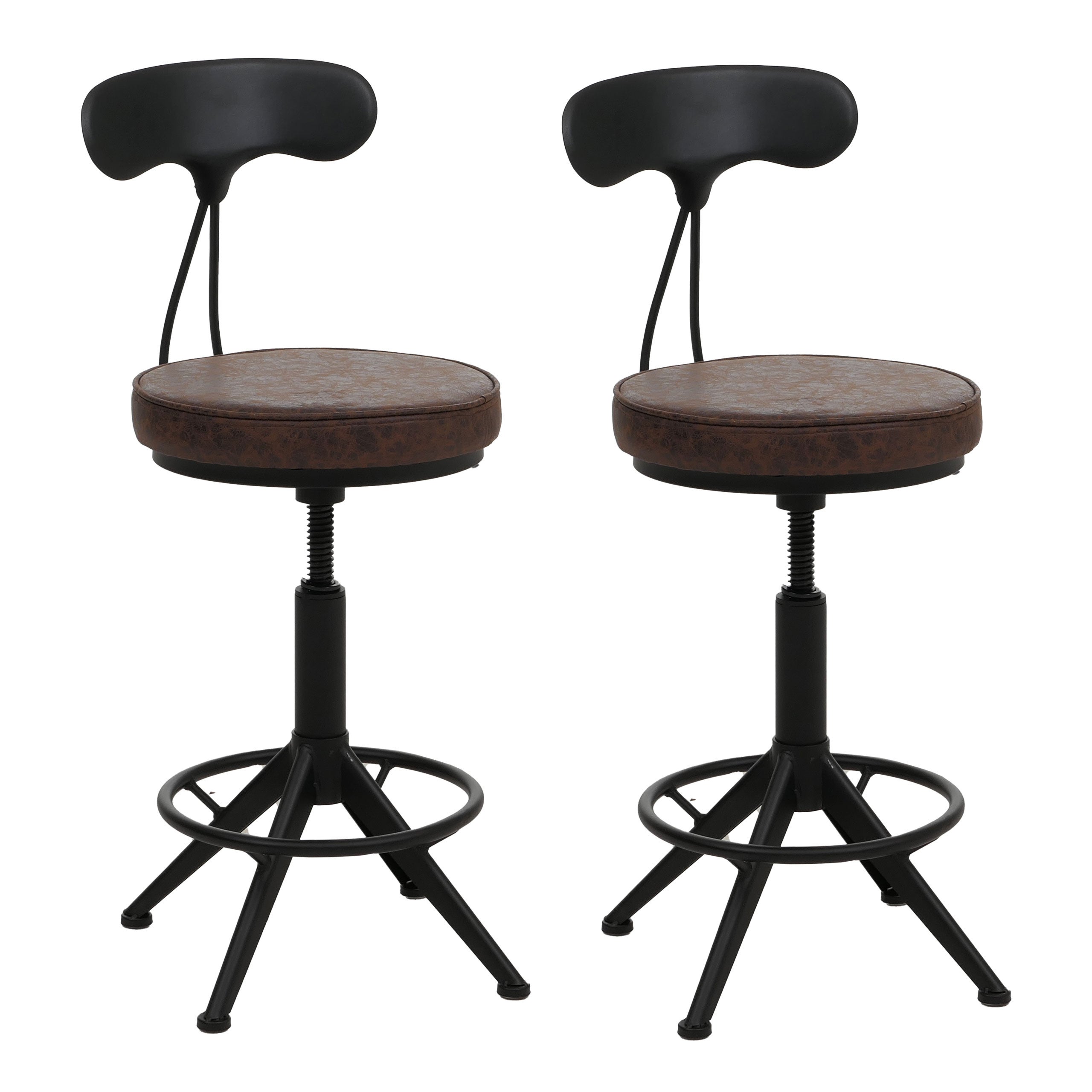 Zestaw 2 stołków barowych HWC-O84, stołek barowy obrotowy Industrial z regulacją wysokości, sztuczna skóra, metal ~ brązowo-czarny