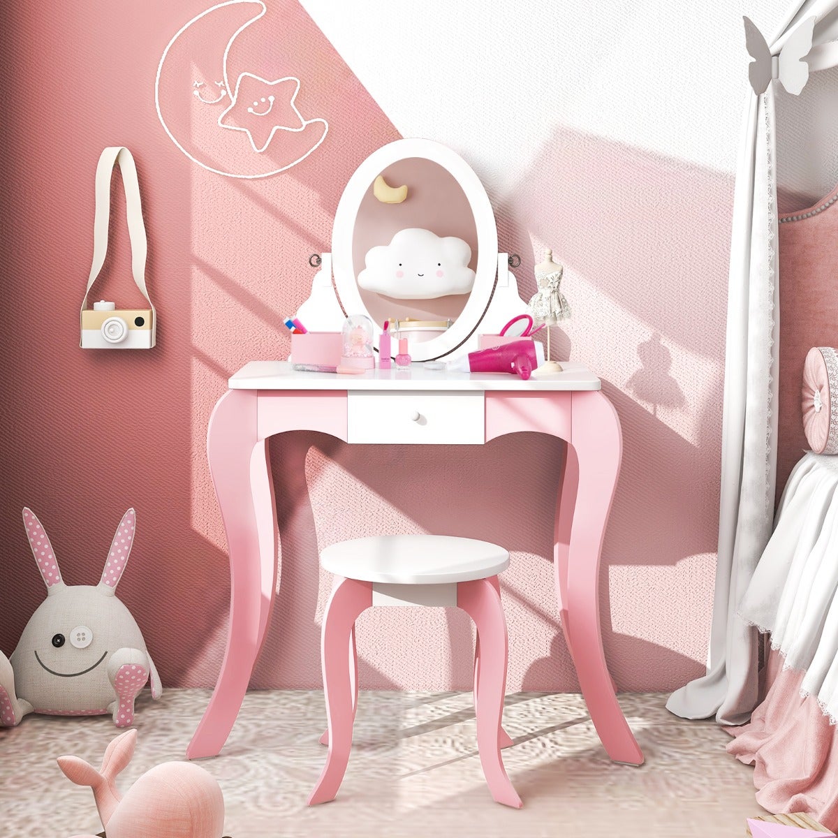 Coiffeuse Enfant Avec Miroir LED Et Tabouret - Table De Maquillage En Bois Rose, Tiroirs, étagères - Pour 3-8 Ans - 4