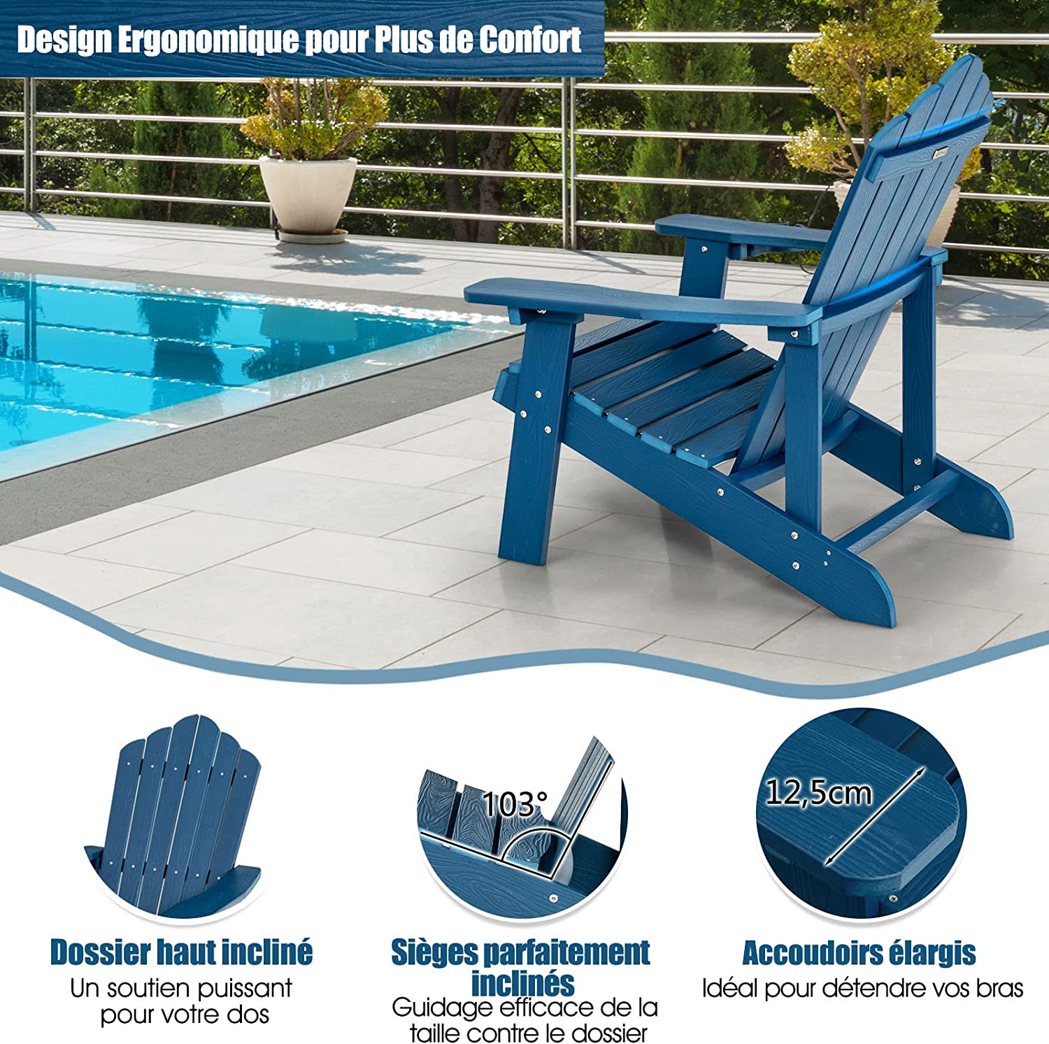 Fauteuil de Jardin Adirondack en HIPS Imperméable avec Porte-Gobelet Charge 170KG, Bleu Marine - 2