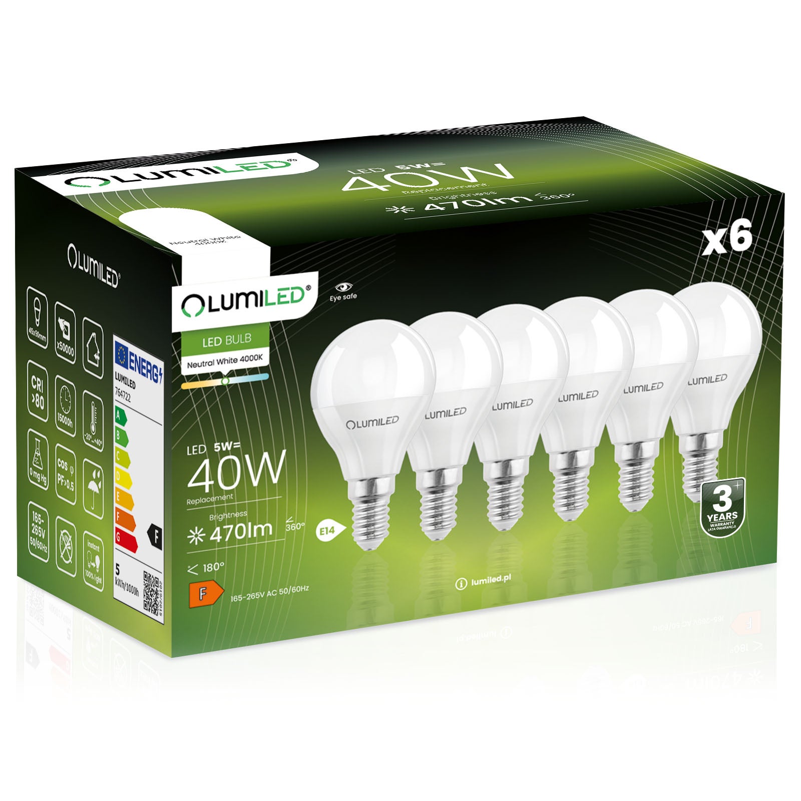 6x Żarówka Lumiled LED E14 Kulka P45 5W = 40W 470lm 4000K Neutralna 180st