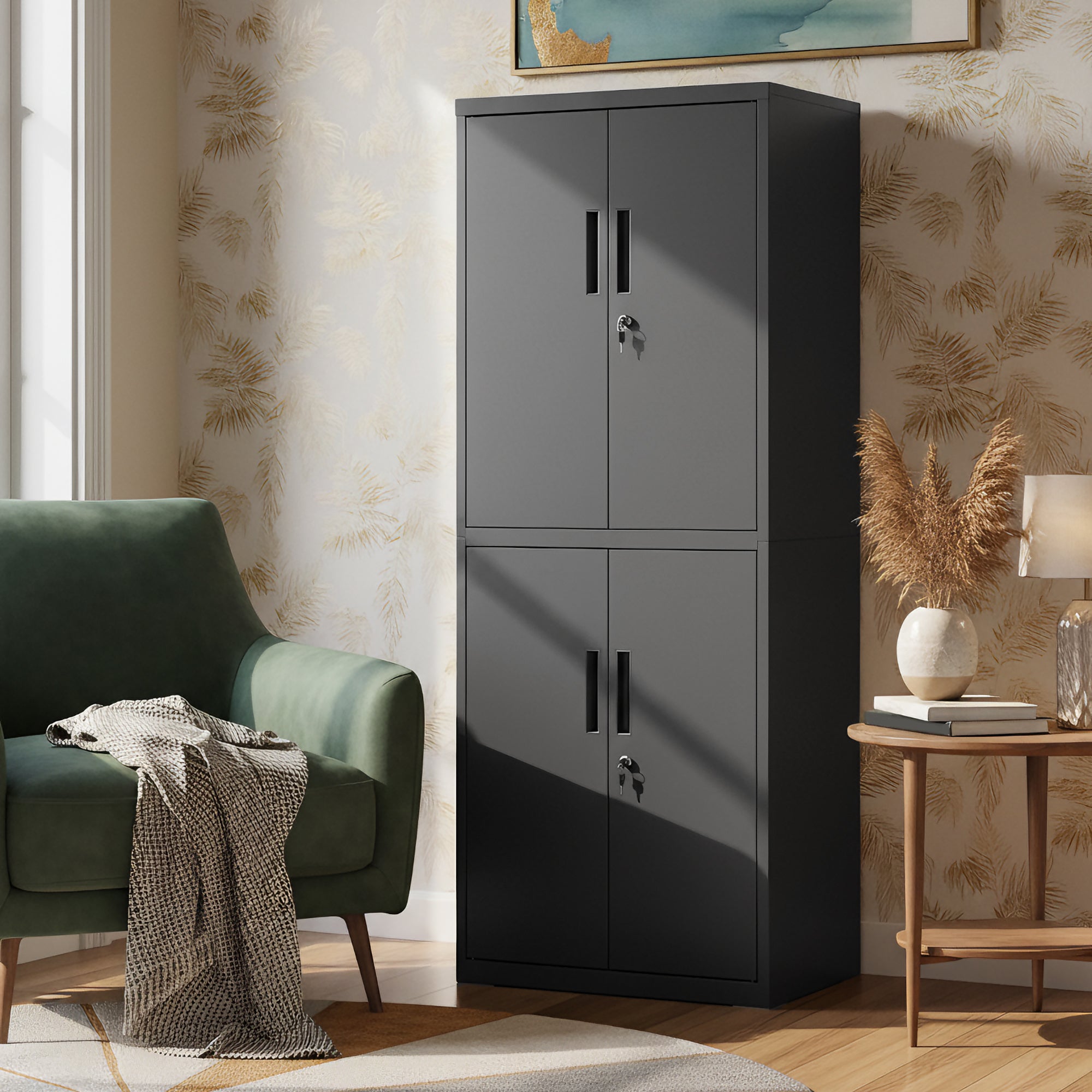 Armoire pour Bureau, Atelier, Garage, avec 5 Étagères et 4 Portes, Étagères Réglables, en Métal, Noir - 3