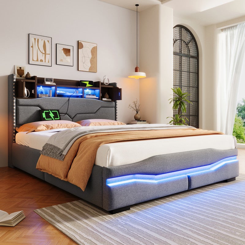 Letto Matrimoniale Imbottito 140x200 Cm Con LED RGB, 3 Cassetti E Porte USB | Velluto Grigio Con Testiera Portaoggetti - 3