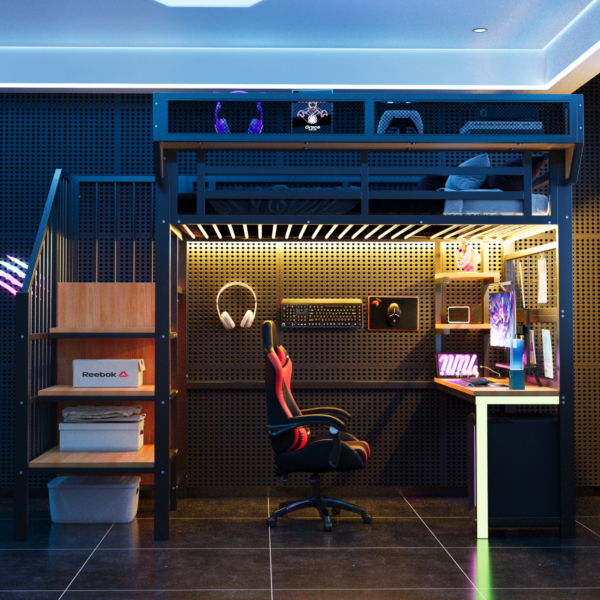 Lit Mezzanine en Métal 90x200 cm avec Bureau, Armoire et Échelle de Rangement, Lit superposé avec LED et Prises, Lit enfant Noir, Sans matelas - 2