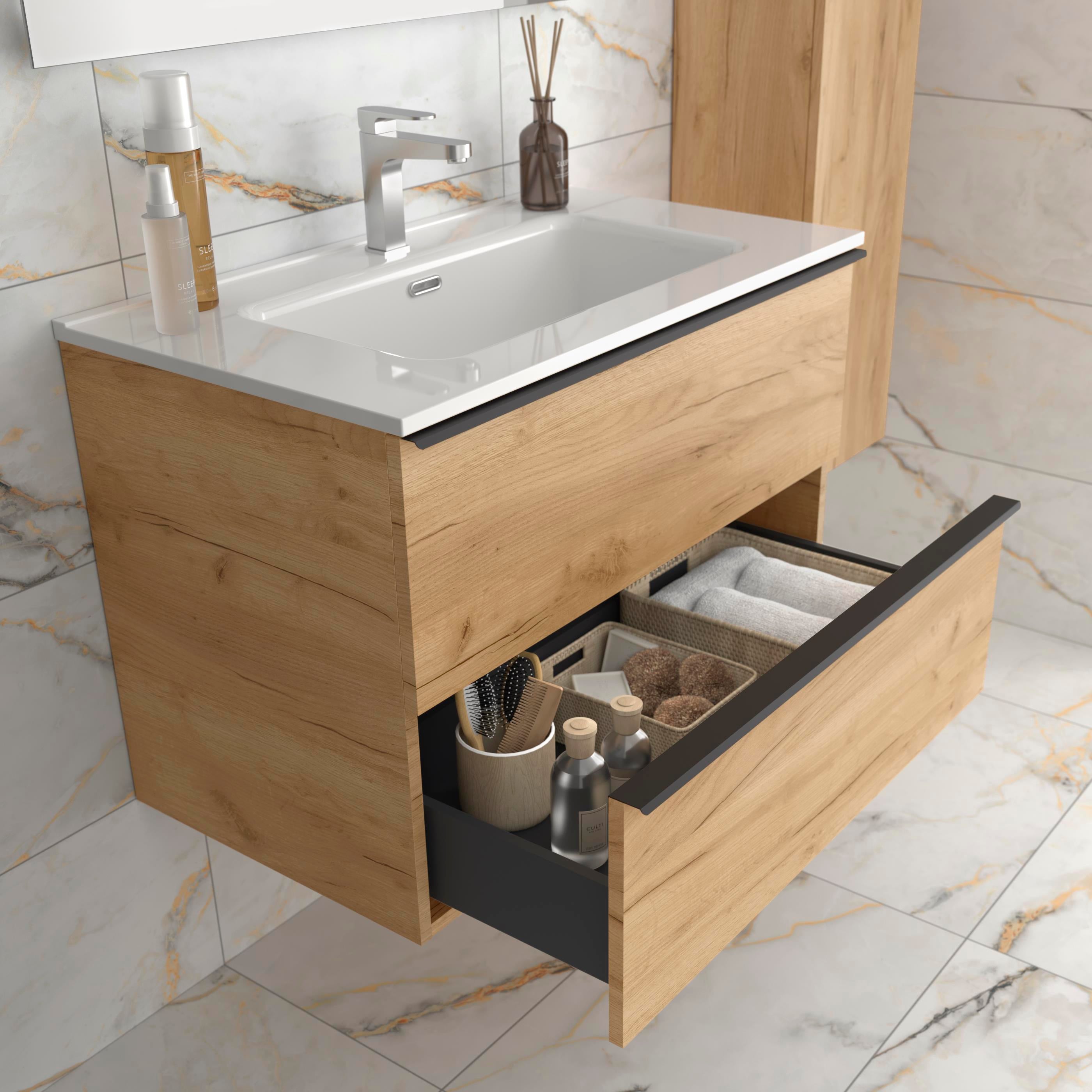 Meuble de salle de bain NABUA 100cm Chêne | Vasque Porcelaine - 2