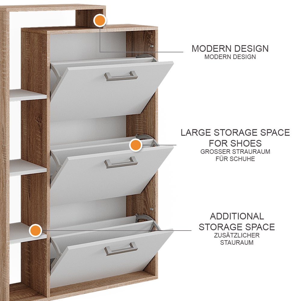 Vicco Basculeur à chaussures Orlando, Blanc/Sonoma, 80x128.3cm avec 3 compartiments - 9