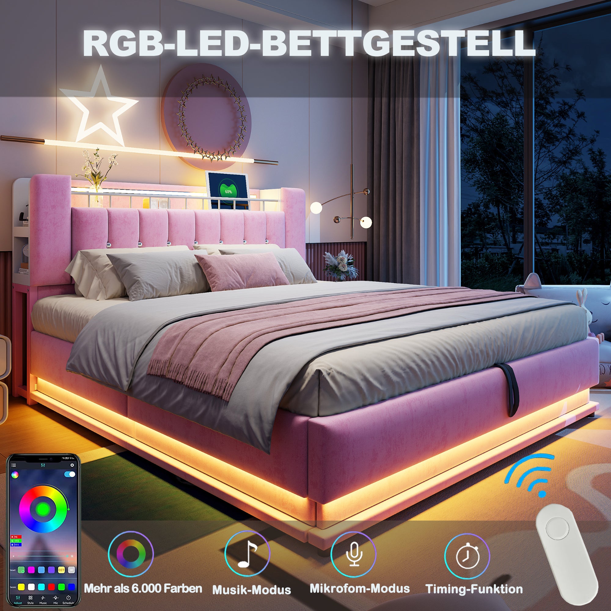 Łóżko z pojemnikiem na pościel 180 x 200 cm i zagłówkiem - Tkanina aksamitna - Diody LED - Porty USB - Różowe (Materac nie jest dołączony) - 5