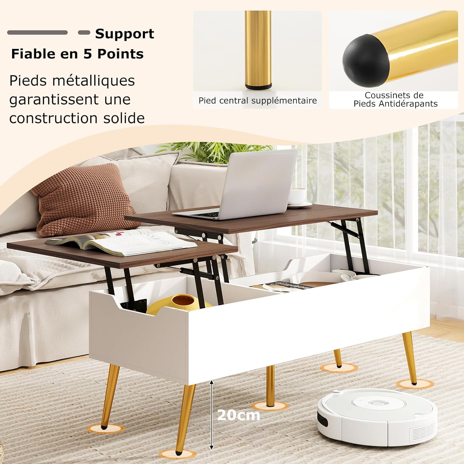 Tavolino ribaltabile con contenitore, tavolino da salotto con ripiano ribaltabile, per ufficio, 111 x 48 x 40-53,5 cm (bianco+noce) - 6