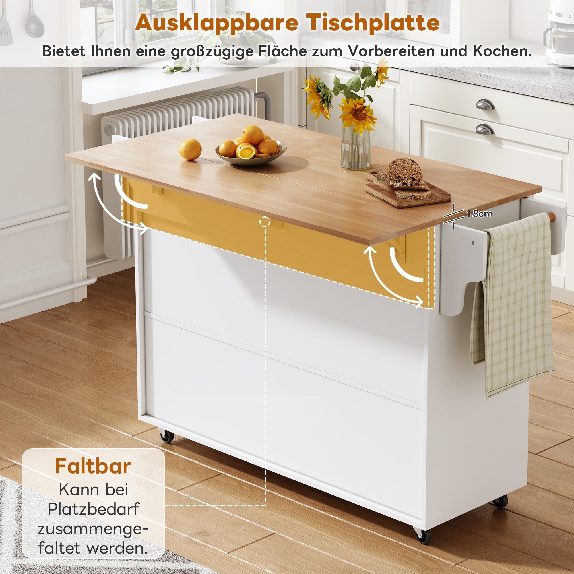 Ilot central de cuisine mobile 145 x 45 x 94,5 cm, Plateau extensible 70 cm,&nbsp;chariot multifonction avec 2 tiroir et 2 porte, porte-serviettes, Blanc - 4