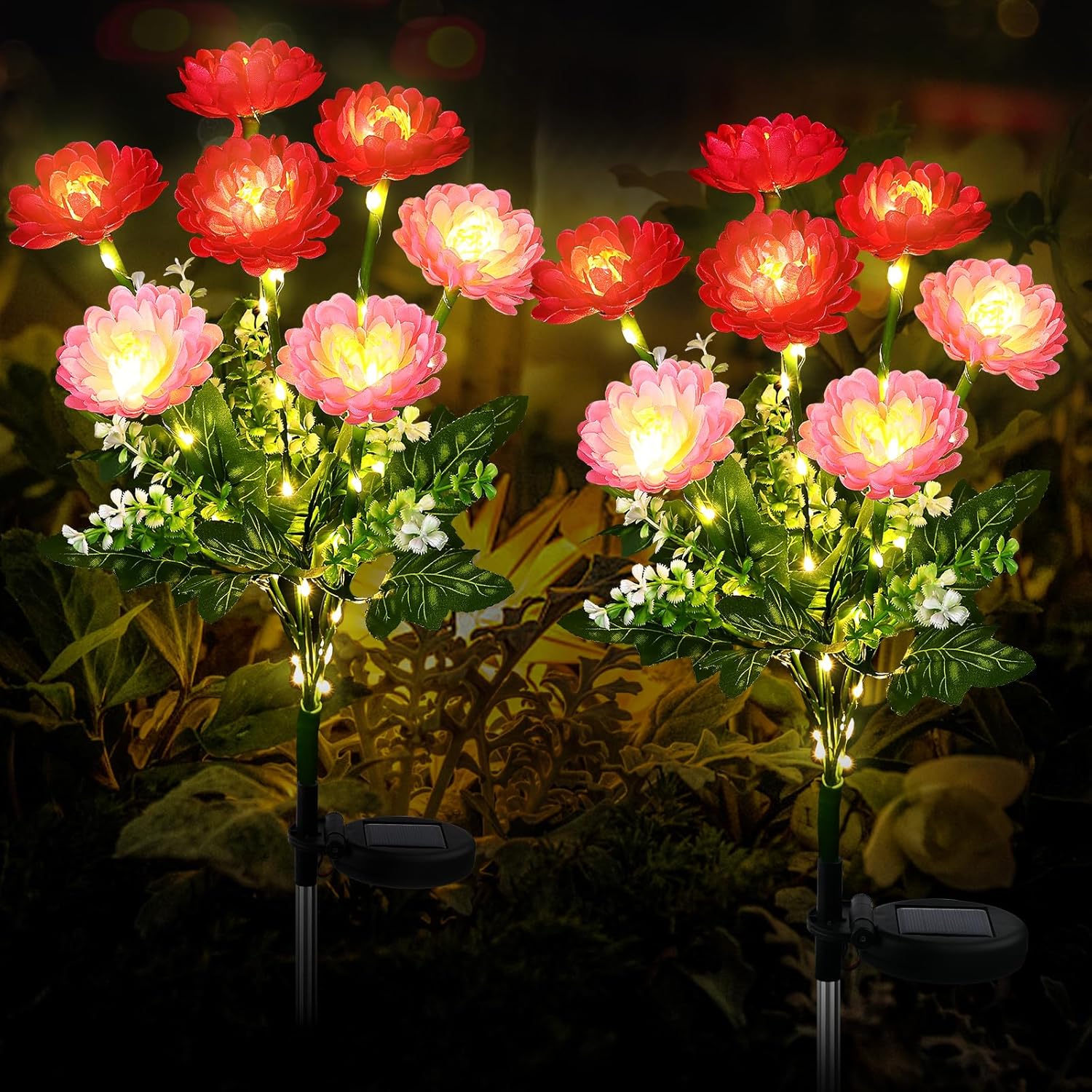 Zewnętrzne lampy solarne - Zestaw 2 solarnych lamp ogrodowych przebiśnieg, wodoodporne solarne lampy ogrodowe, z 7 małymi przebiśniegami (czerwone)