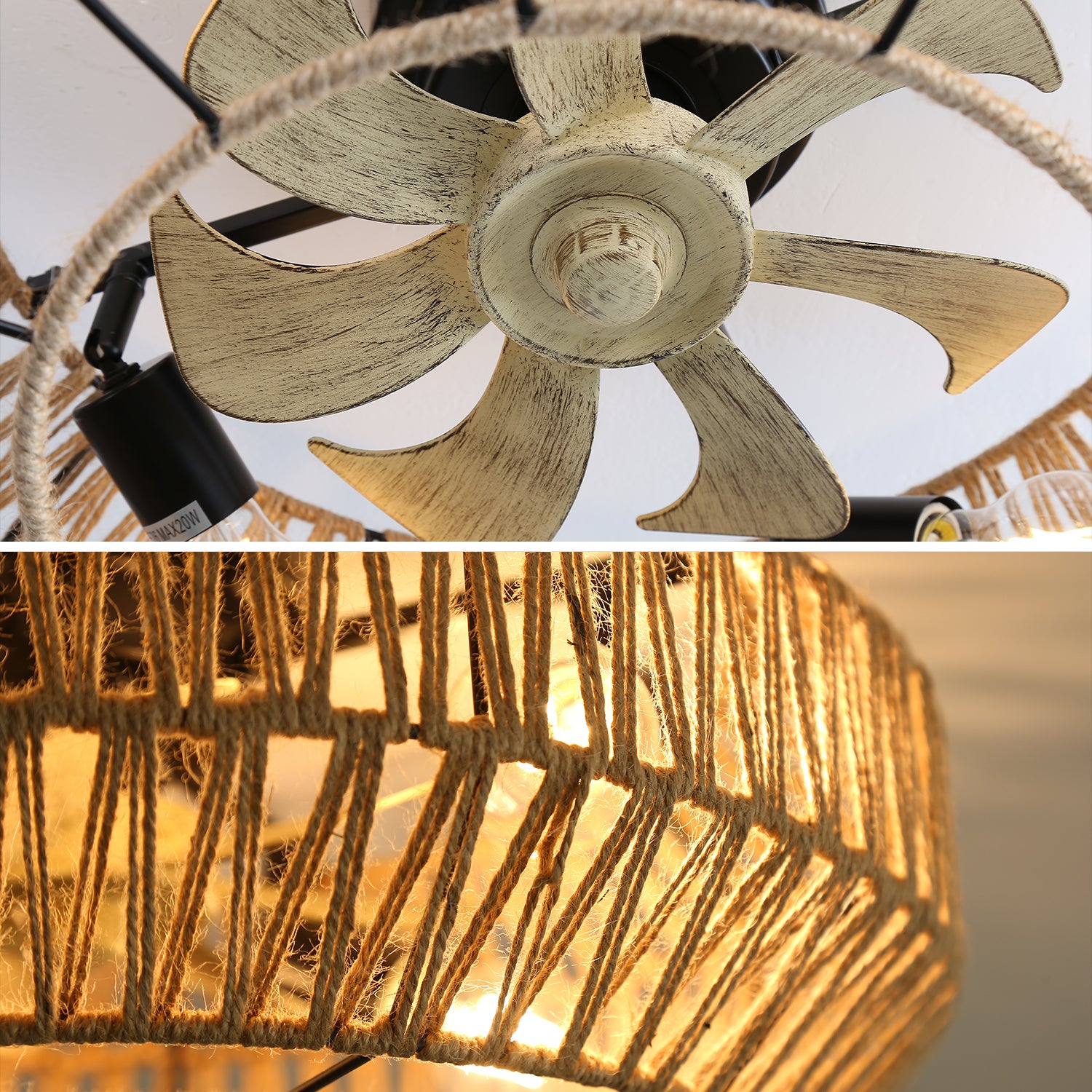 Ventilateur Plafond 56 cm Moteur DC Réversible Télécommande 6 Vitesses Style Bohème Cage 3 Pales Rotin Salon Sans Lumière - 5