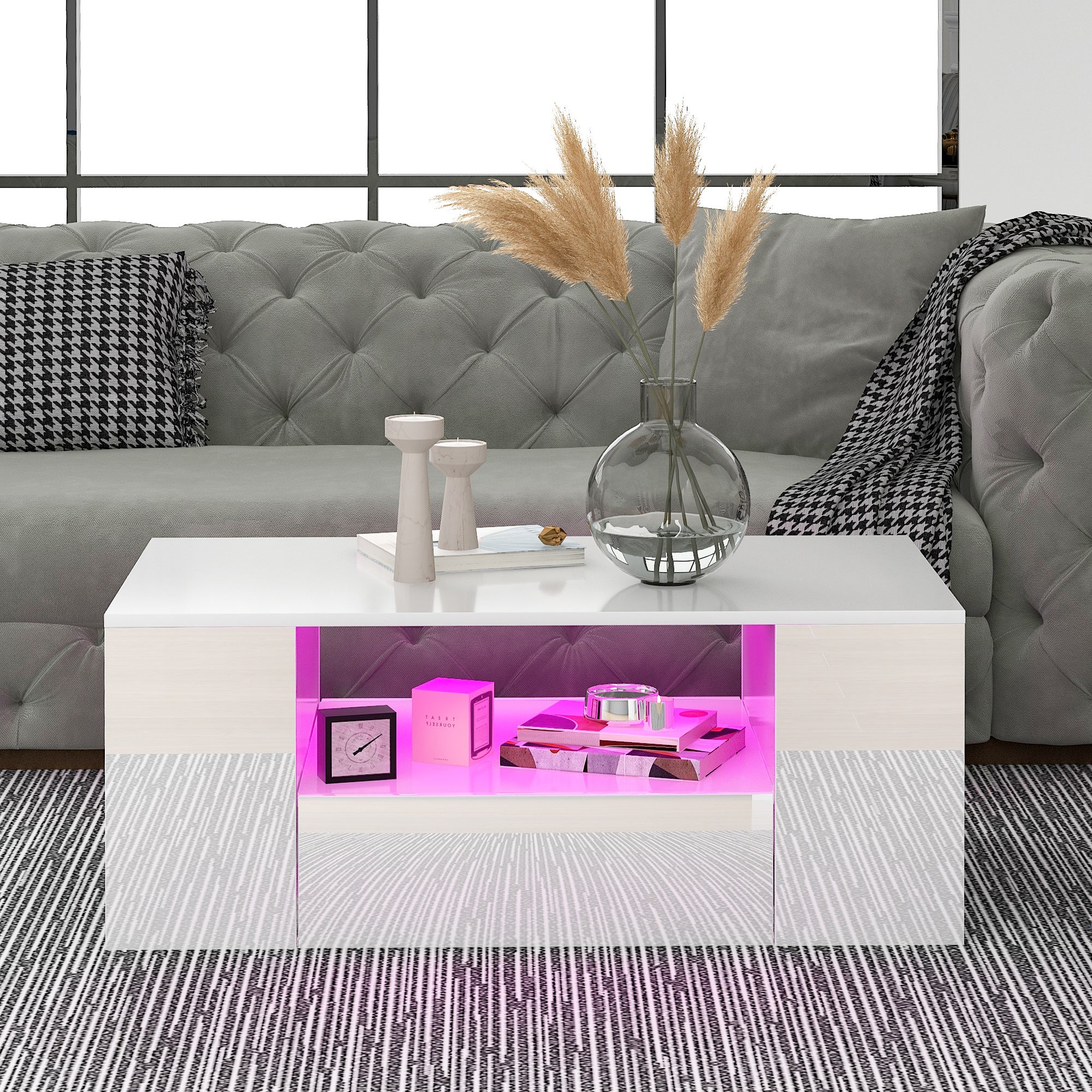 Nowoczesny lakierowany błyszczący stolik kawowy 95x53x37 cm - z oświetleniem LED - 2 szuflady i 2 półki - Biały